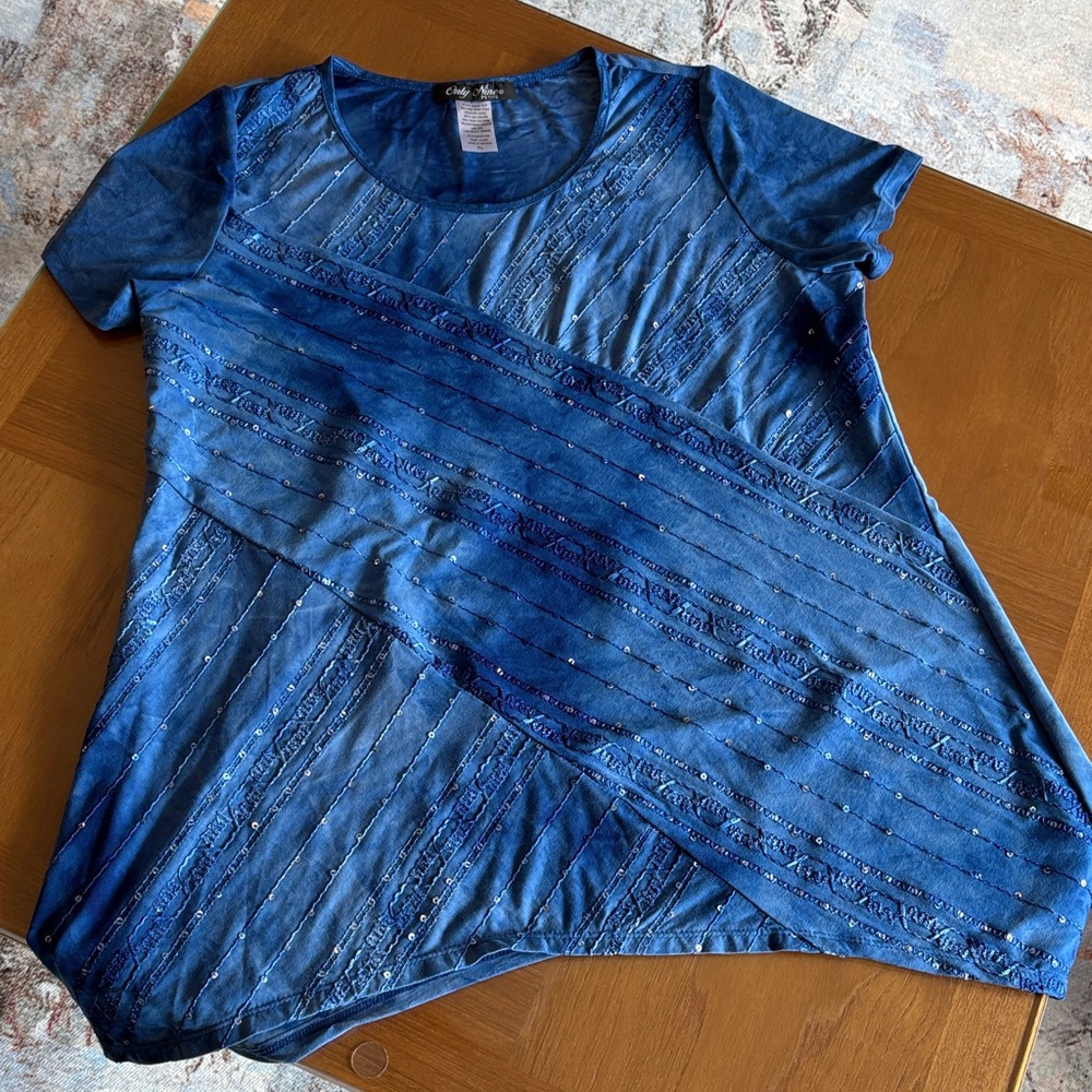 Deep Blue Tee with sequin and cross stitching detail